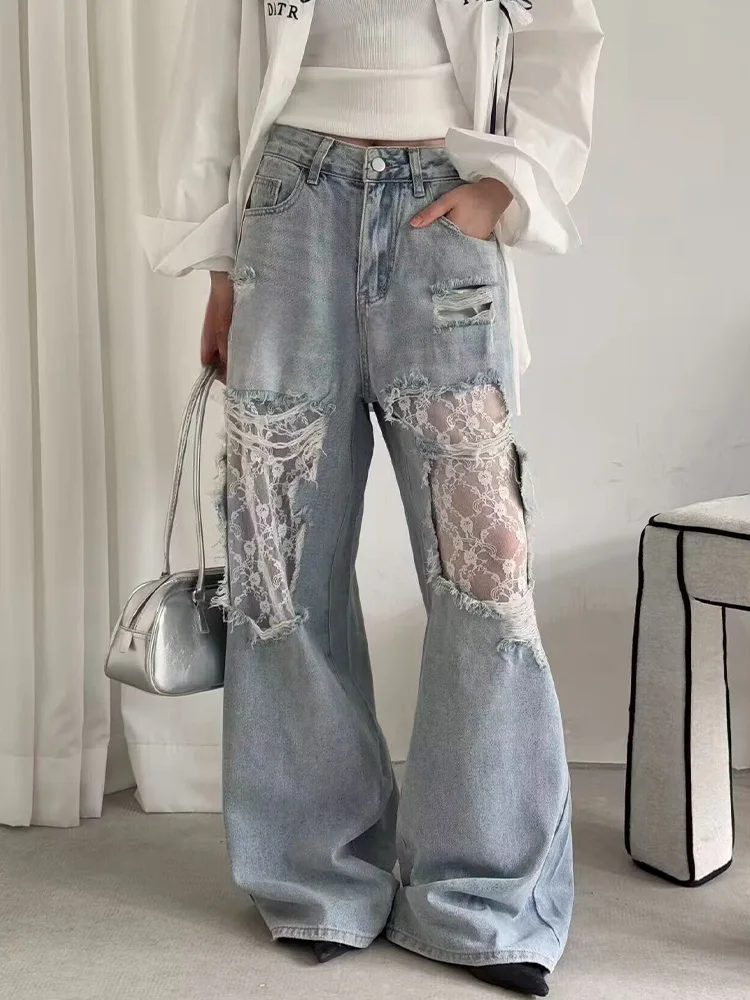 

2025 Women's Y2K American Style High Waist Lace Spliced Denim Pants Loose Wide Leg Trousers Fashion Hottie Hole Patchwork Jeans