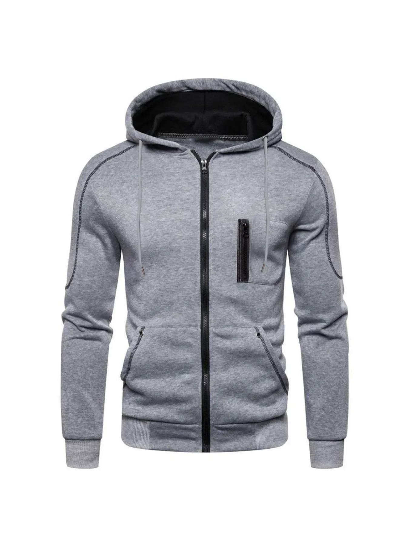 Winter Men's Full Zip Jacket Drawstring Hooded Sweatshirt with Zipper Chest Pocket Casual Streetwear Jacket for Men