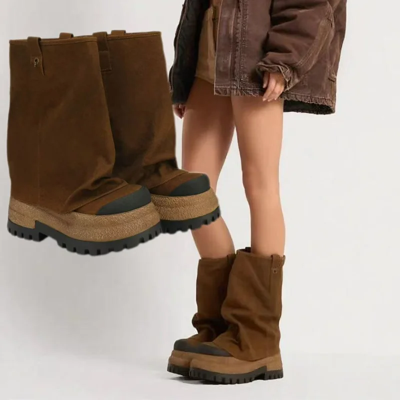 

Retro Fashion Women's Boots Brand Versatile Thick-soled Mid-calf Boots New Slimming Height-enhancing Cool Hot Girl Knight Boots