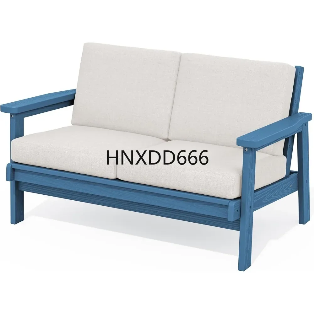 Outdoor Patio Loveseat, Blue Frame and Khaki Cushion, Garden Sofas
