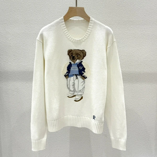 

Cotton Knitted Long Sve Bear Patterned Sweater Loose Fit round Ne Autumn Winter Women's Faion Cute Sle Knitwear