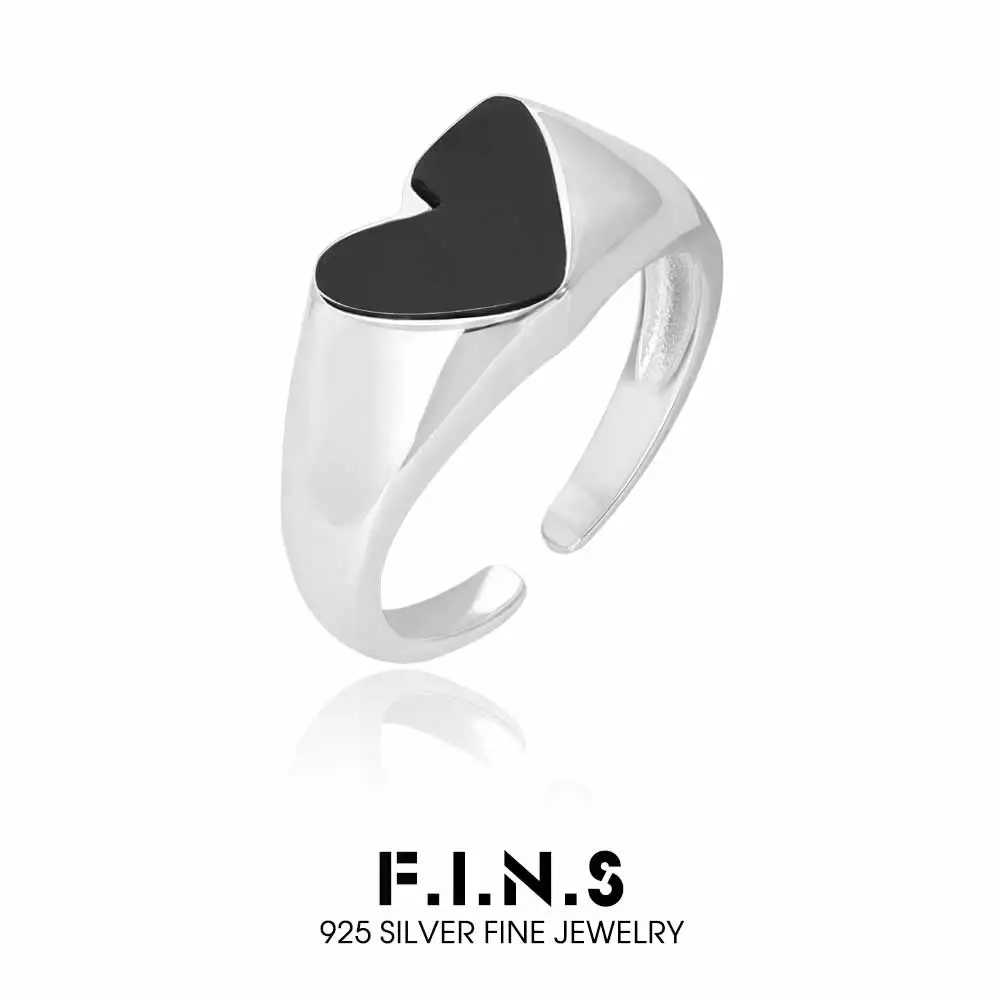 

F.I.N.S Original Black Agate Heart-Shaped S925 Sterling Silver Open Ring Minimalist Love Heart Adjustable Finger Fine Jewelry