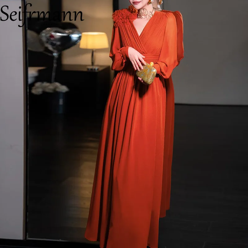 Seifrmann Solid Long Sleeve V-Neck Long Dress For Women Appliques High waist High-End Temperament Party Prom Dresses