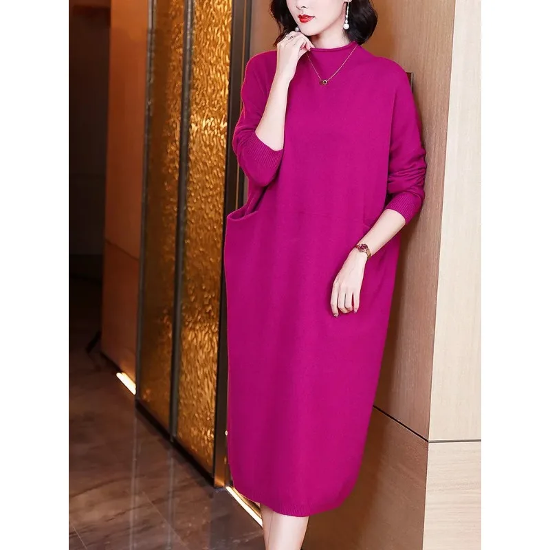 Robe tricotée Rose rouge pour femmes, nouveau Style à la mode, ample et amincissante, robe pull au-dessus du genou, automne et hiver