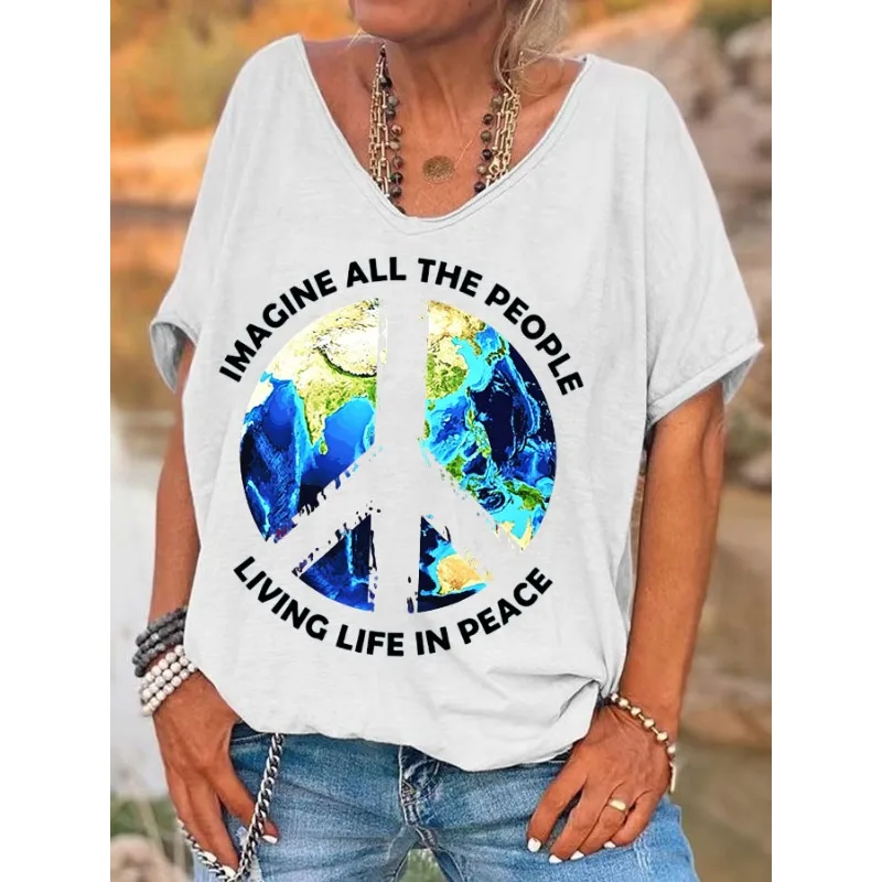 ilstile Women's Hippie Living Life in Peace Print T-Shirts Summer Holiday Short Sleeve T Shirt Casual Loose V Neck Tops Tees