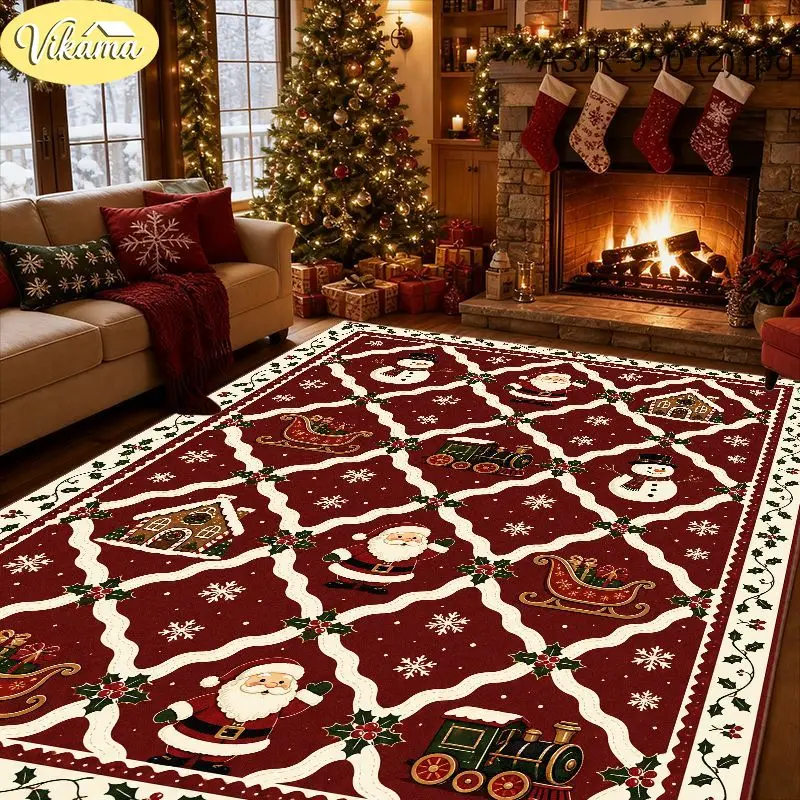 VIKAMA Christmas Red Santa Train Gingerbread Area Rug Anti Slip Soft Floor Mat for Living Room Kids Room Holiday Home Decor
