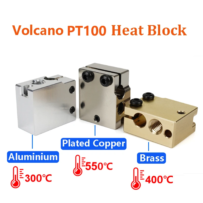 

High Quality 4pcs PT100 Volcano Plated Copper Heated Block Aluminum Brass Heat Block E3D Volcano Extruder Hotend 3D Printer Part