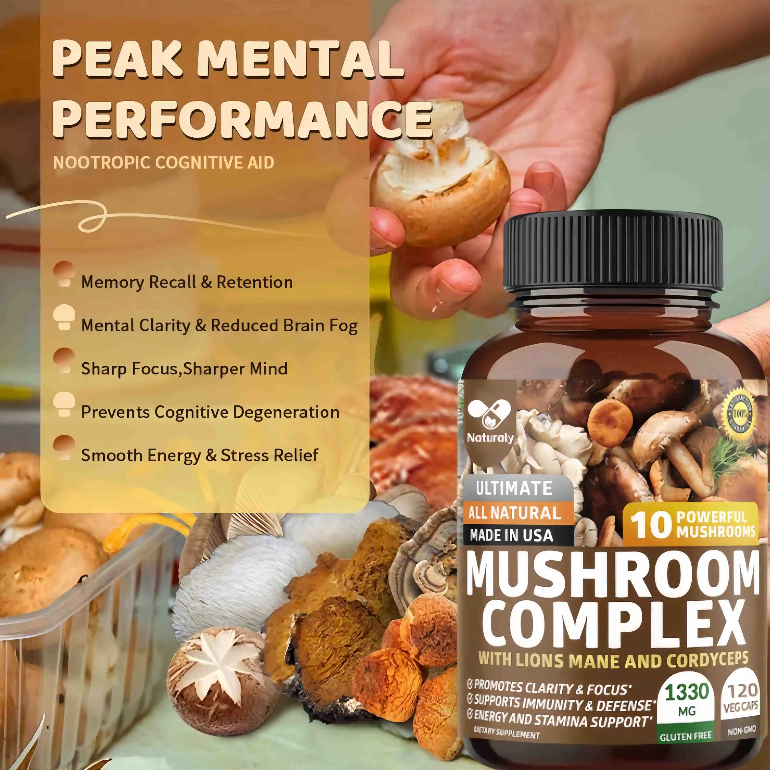 Original Mushroom Complex Capsules with Lions Mane Chaga Cognitive Brain Function Stress Relieves Beauty Health Diet Supplement