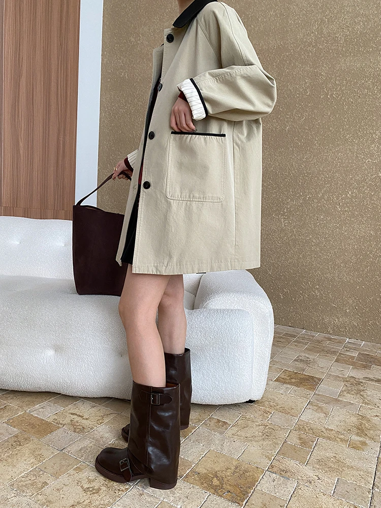 [EAM] Women Khaki Color-block Big Size Casual Trench New Lapel Long Sleeve Windbreaker Fashion Tide Spring Autumn 2024 1DH7514