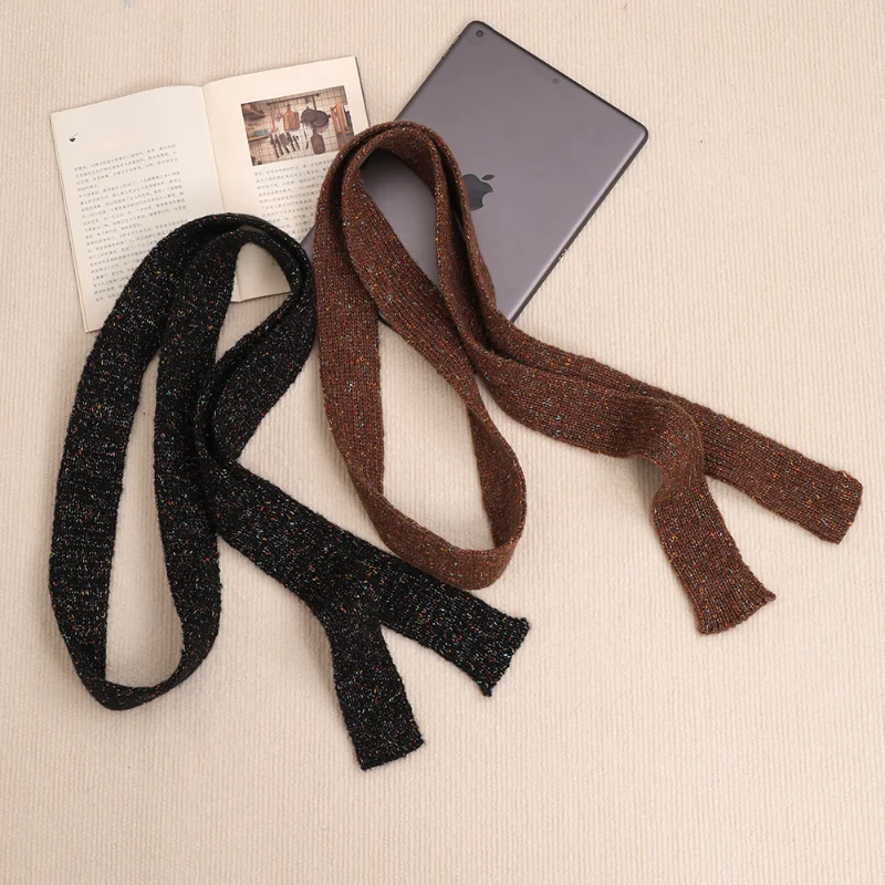 Women's Colorful Speckled Knit Skinny Scarf Thin Long Ribbed Neck Warmer Vintage Winter Narrow Scarf Spicy Girl Decorative Scarf
