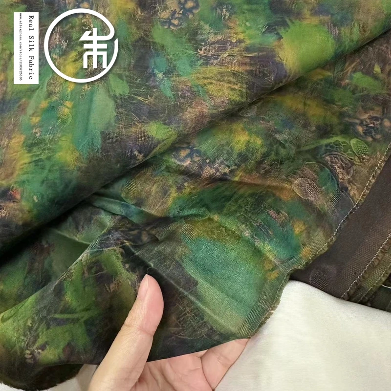 High Quality Oil Green 30momme Gambiered Guangdong Silk Cheongsam Dress Commercial Fabric 100% Real Silk Designer Cloth