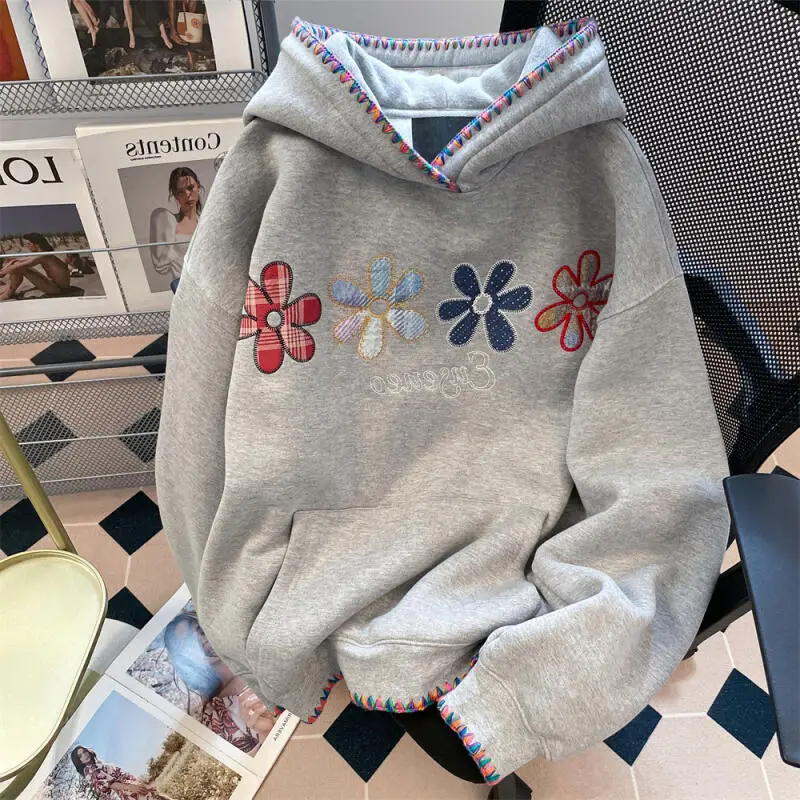 

Женская толстовка в американском ретро-стиле с капюшоном, на флисовой подкладке, утепленная, для женщин, в стиле High Street Fashion, с небольшой вышивкой