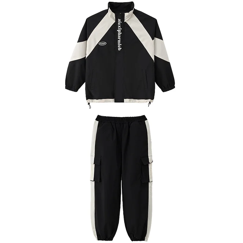 子供用カラーブロックウインドブレーカージャケット,カジュアルトップ,女の子と男の子用のジョギングパンツ,ジャズダンスのコスチューム,クールな服,黒,ヒップホップの服