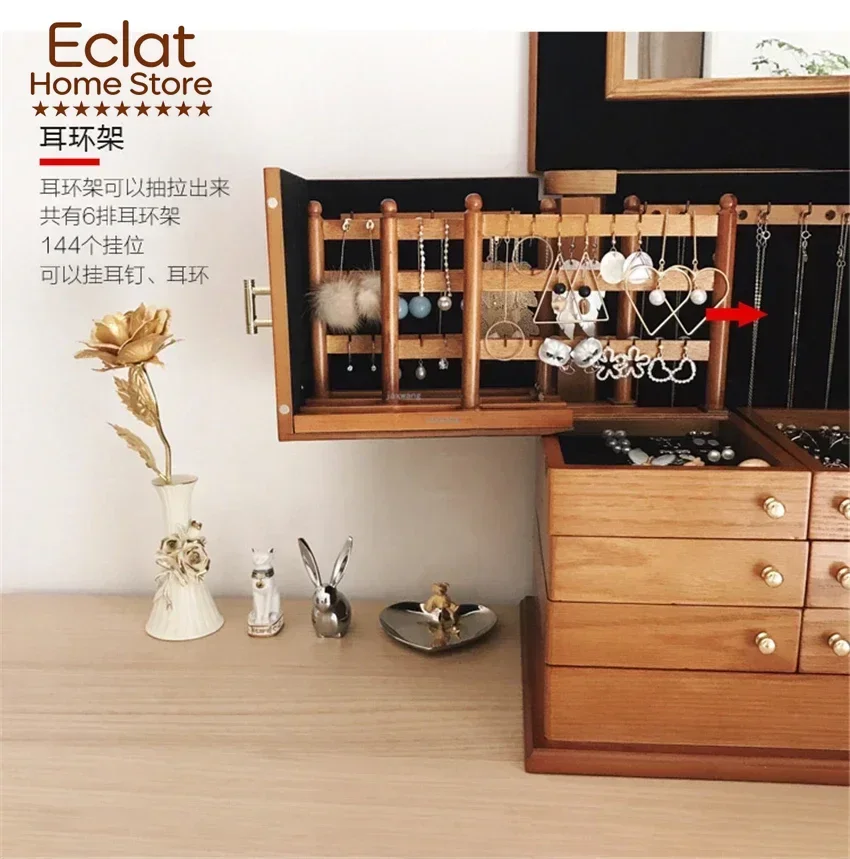 Wooden Jewelry Box Organizer Large Capacity Retro Solid Wood Jewelry Earrings Storage Box Home Princess European Korea Style