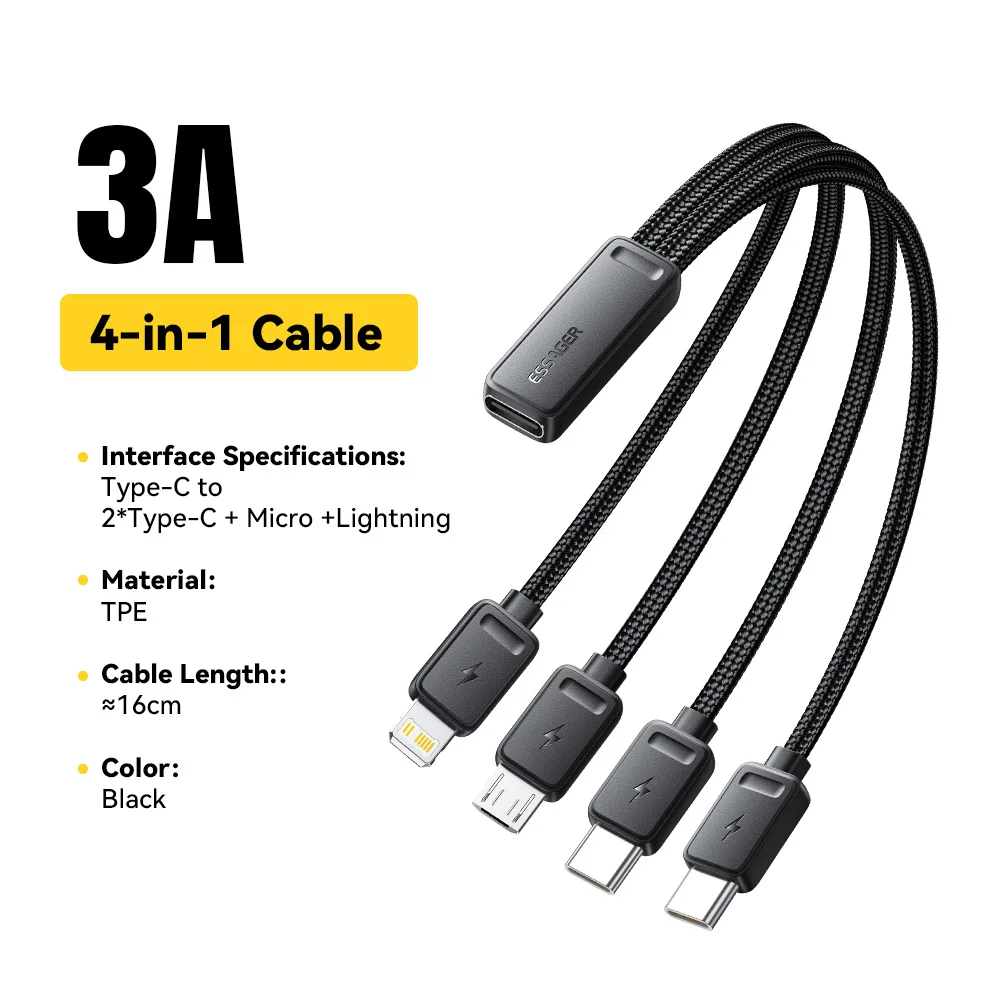Essager Draagbare 4-in-1 snellaadkabel voor op reis Type C vrouwelijk naar multi-USB-kabel met 2 Type C, Micro, Lighting-adapters