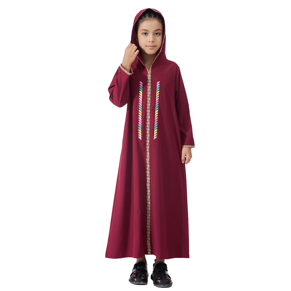 Kids' Traditional Islamic Abaya with Hood - Colorful Striped Embroidery, Muslim Girls Long Dress, Dubai Style 4 Colors Available