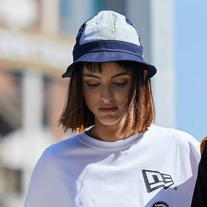 Dickies Collaboration Denim Patchwork Couple Striped Bucket Hat, Trendy Casual Fashion Sun Hat