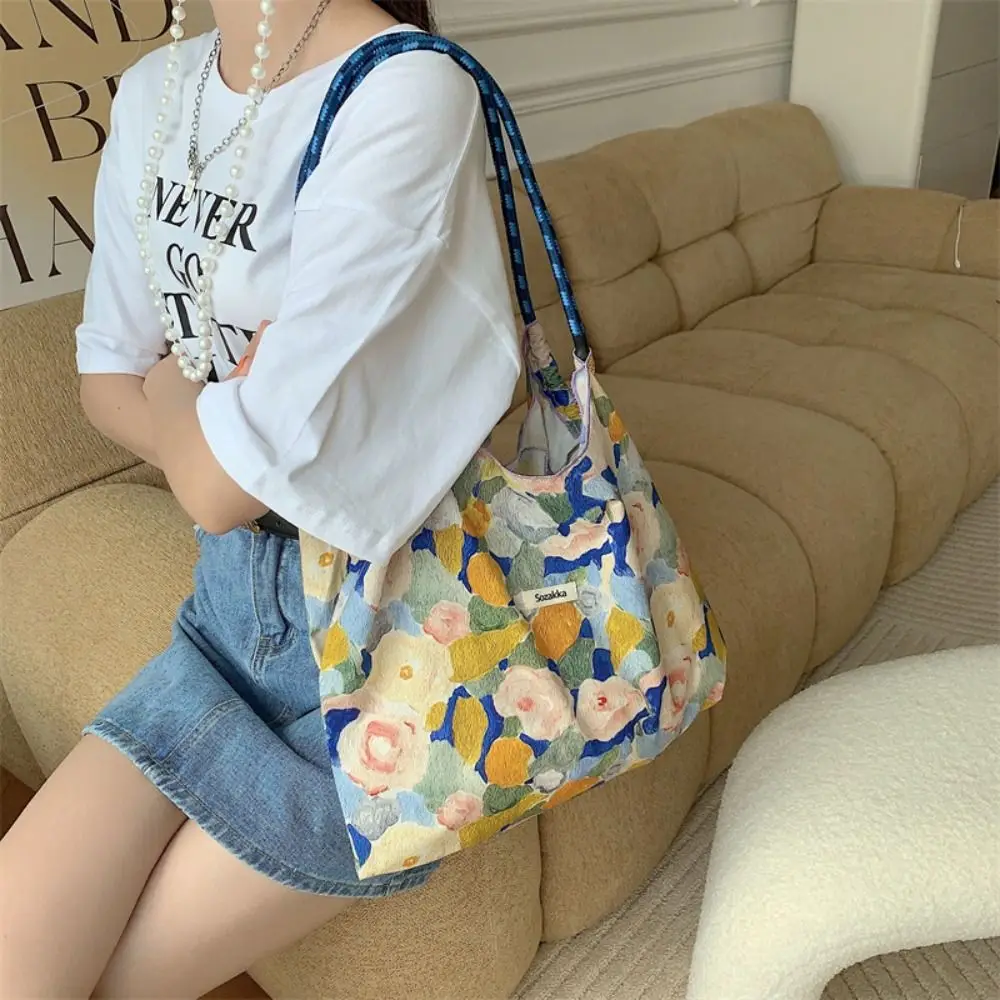 Floral Printed Canvas Shoulder Bag Portable Reusable Large Capacity Drawstring Shopping Bag Handheld Cotton Travel Tote Bag