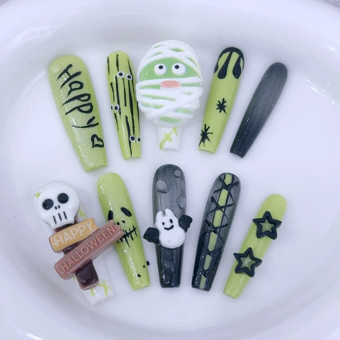 Halloween Party Green Black Skull Mummy Bandage Hand Drawn Long Nail Tips Sweet Cool Creative Design Press on Nails