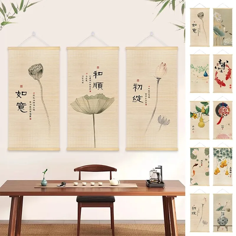 Chinese Style Bamboo Hanging Painting Curtain Roller Lotus Flower Study Zen Tea Background Room Decor