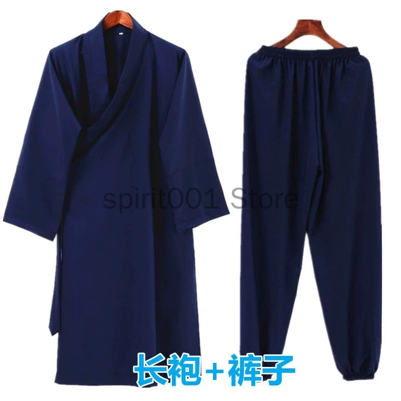 블랙 네이비 유니섹스 스님 쿵푸 로브 의상 긴 가운 성인 전통 중국 의상 빈티지 Hanfu Long Robe