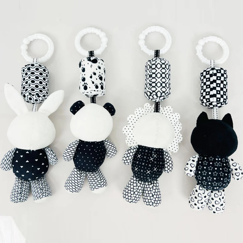 Hochets pour bébé, poussette, lit, berceau, cloche suspendue, poupée en peluche pour nouveau-né, noir et blanc, capacité visuelle, jouet d'entraînement, cadeau pour bébé