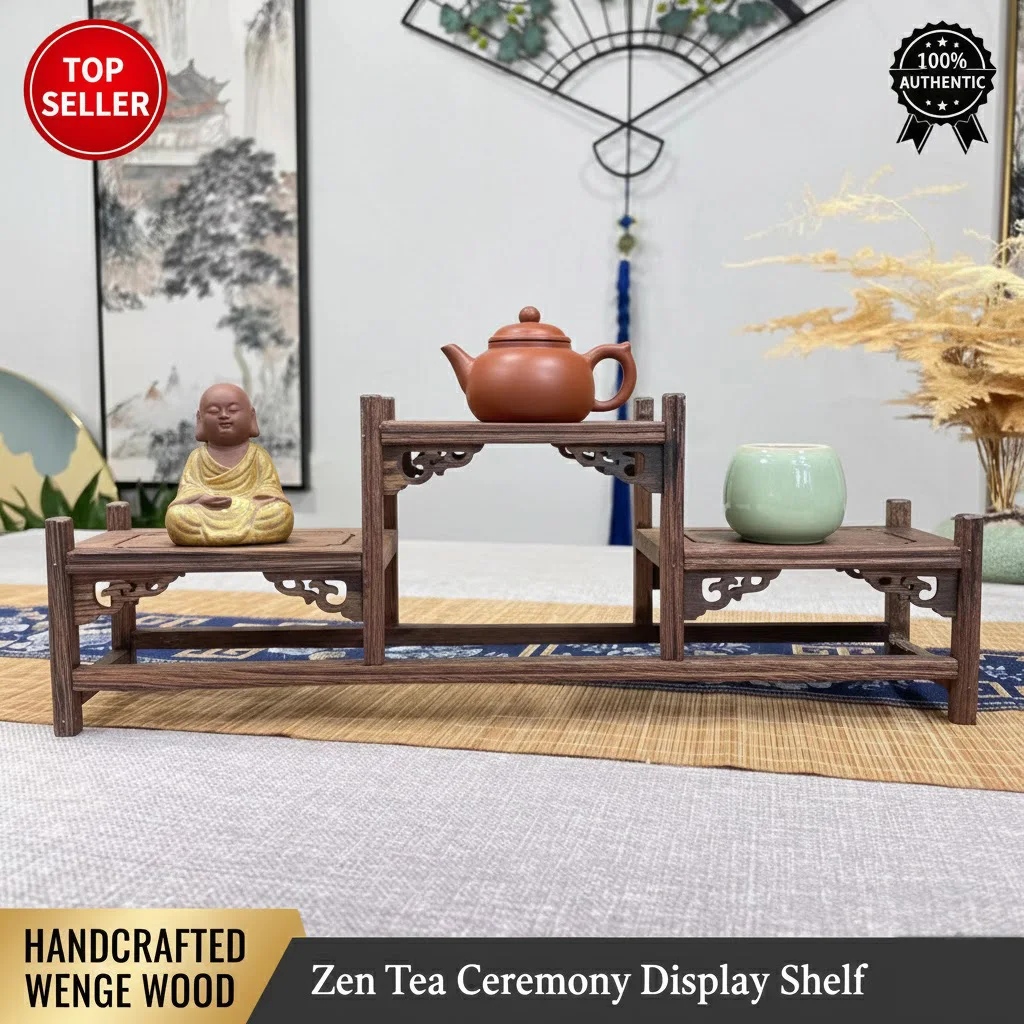 Solid Wenge Wood Multi-Tier Display Stand, Small Chinese Zen Tea Ceremony Curio Shelf, Handcrafted Miniature Desktop Organizer