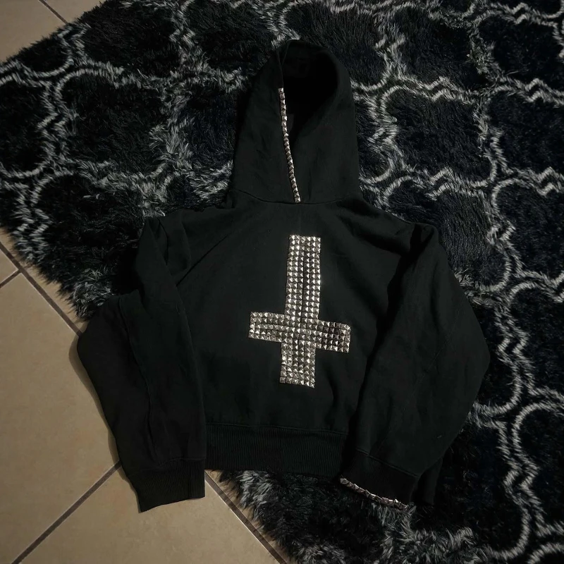 Unisex autumn/winter hoodie with loose and casual style, cross metal rivet design, cardigan sweatshirt, punk rock, hip-hop, and