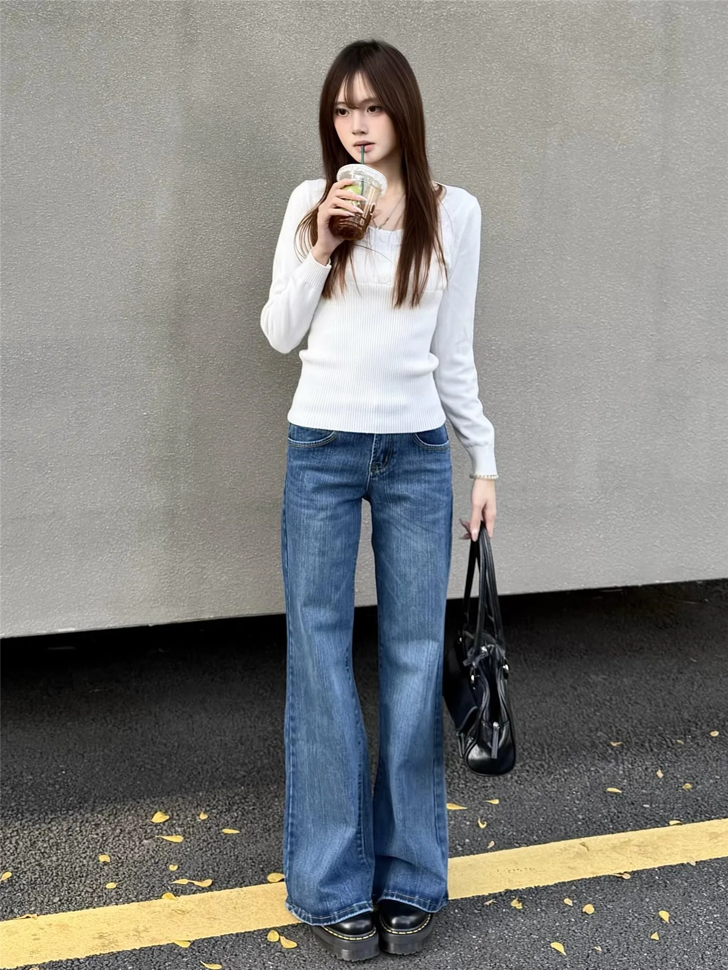 

Low Waist Bell Bottom Denim Jeans Women's Spring Summer Loose Drapey Bamboo Fiber Wide Leg Floor Length Pants