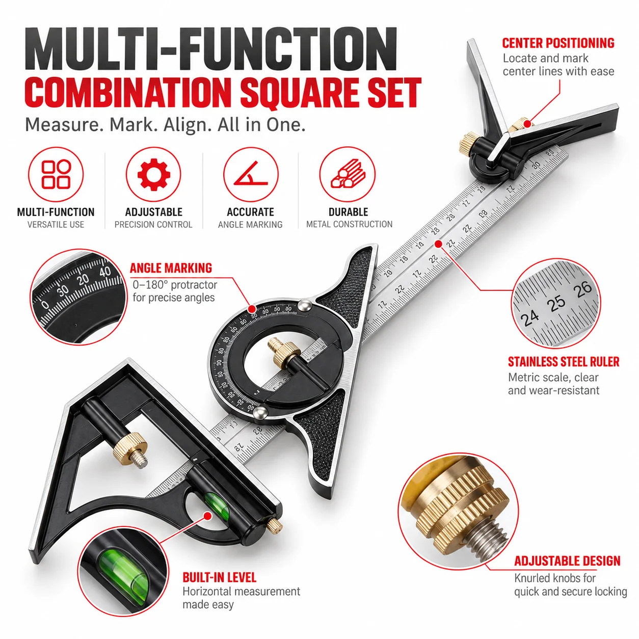 300mm Adjustable Woodworking Angle Metal Square Ruler 3-in-1 Protractor Tool for Carpenter Measuring Sabrina Equipment Makeup