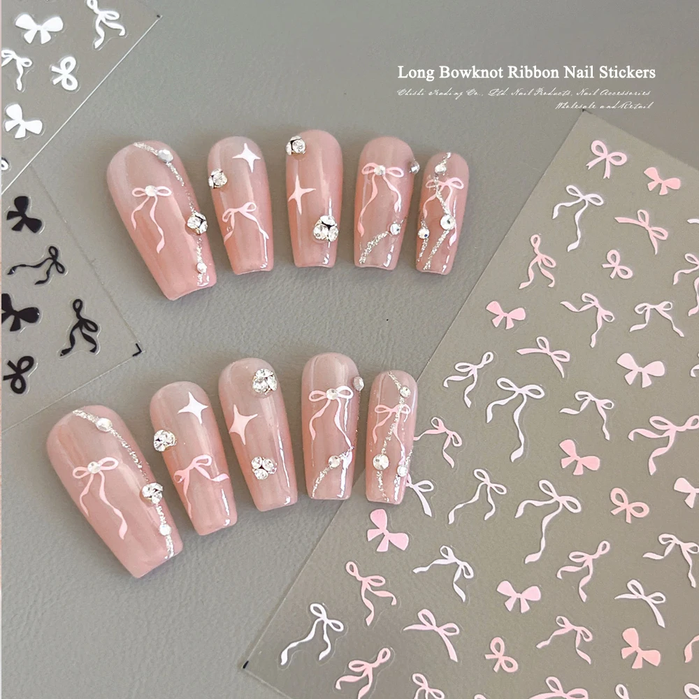 2Sheets 5D Sweet Bow Nail Stickers Kawaii Black White Pink Lace Bowknot Ribbon Nail Art Decals Self Adhesive Manicure Decoration