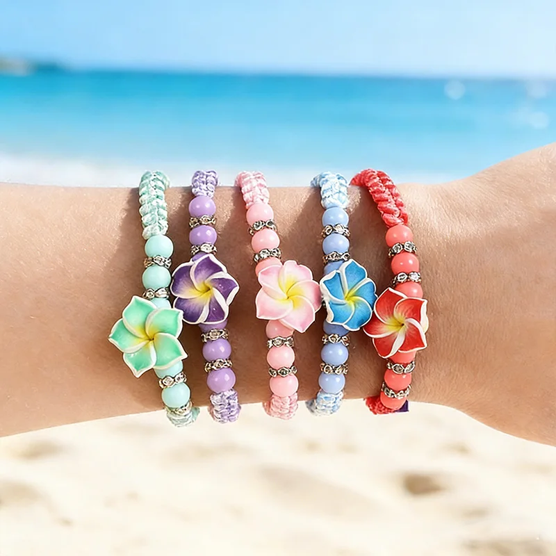 5pcs Hawaiian Plumeria Flower Beaded Bracelets Luau Summer Beach Party Gift Aloha Tropical Birthday Decoration Bohemian Wedding