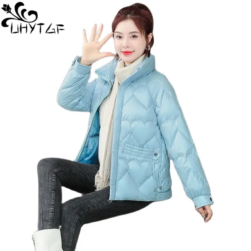 

UHYTGF Bright Surface Down Cotton Jacket Women's Solid Color Cold Protection Warm Parkas Coat Female Winter Overcoat Ladies 2227