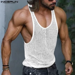 INCERUN Men Tank Tops Mesh Transparent O-neck Sleeveless Sexy Vests Streetwear Summer Breathable 2023 Fashion Men Clothing S-5XL