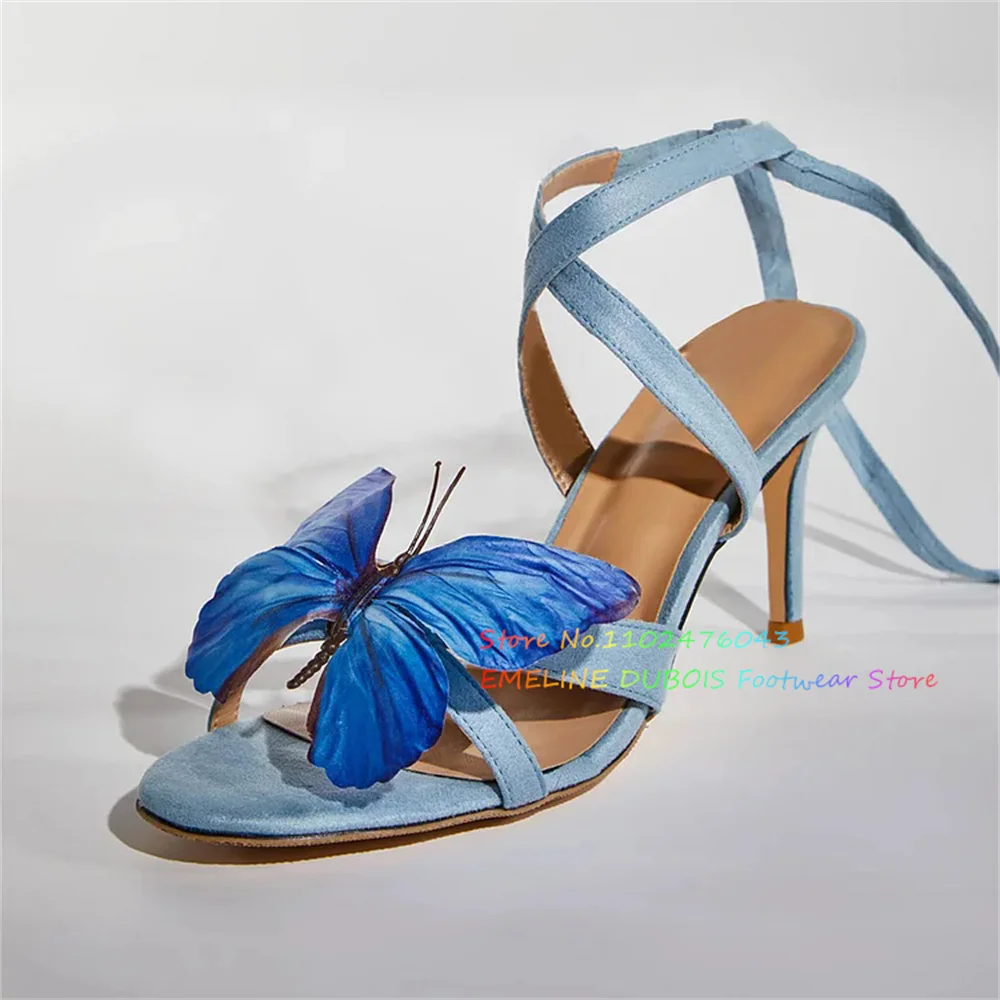 

Light Blue Butterfly Decor High Heel Sandals Women Open Toe Cross Strap Stiletto Heel Slingback Lace Up Elegant Beach Shoes