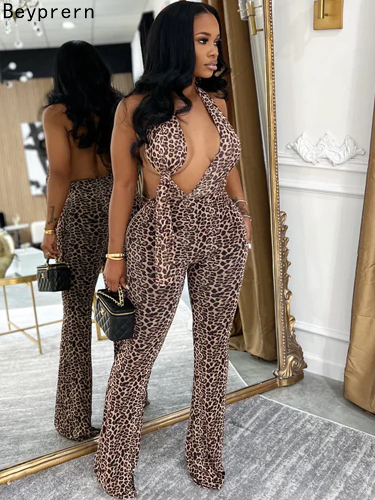 

Beyprern Glamours Cut Out Long Straps Backless Jumpsuits Sexy Rompers Chic Womens Wild Leopard Print Wide Legs Jumpsuit Overalls