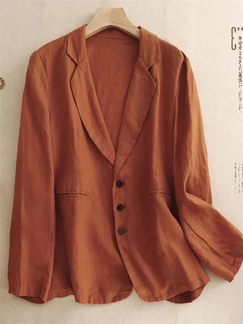 Spring Autumn Retro Solid Color Cotton Linen Suit Coat Large Size Women's Simple Three Button Casual Long Sleeve Blazer Z2722