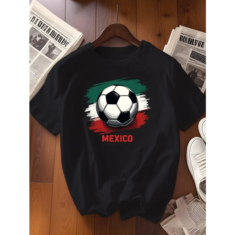 Mexican Football and Flag Printed T-shirt Round Neck Casual Spring/Summer Women's Football Match Watching Clothing Women T-shirt
