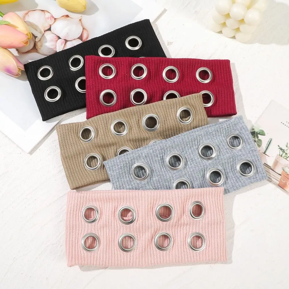 

Fashion Hollowed Out Eyelets Headband Metal Eyelets Rock Head Band Wide Elastic Fabric Punk Headwrap