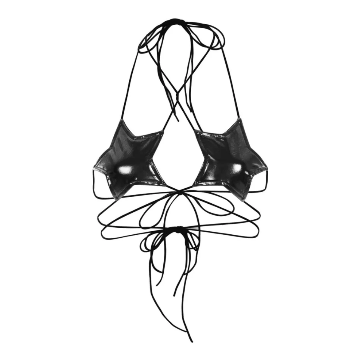 Sexy Women Leather Star Shape Strappy Bra Bustier Crop Top Bralette Hanging Neck Bandage Bra Reflective Silver Nightclub Vest