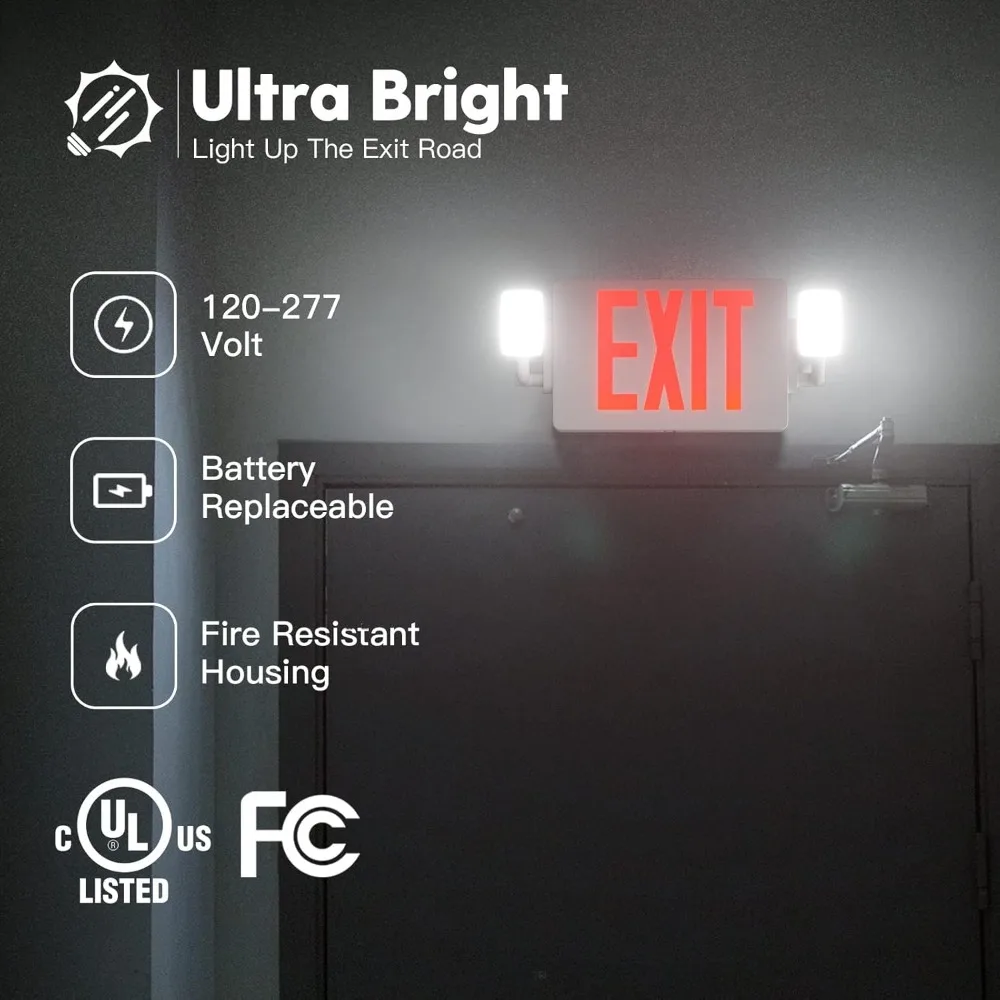 LED Exit Sign with Emergency Lights,Double Sided Adjustable LED Exit Lights with Battery BackuEasy to Install,AC 120/277V