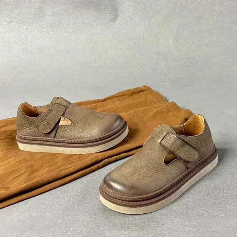 Mocasines de piel auténtica con suela gruesa para mujer, zapatos planos de piel de vaca Retro