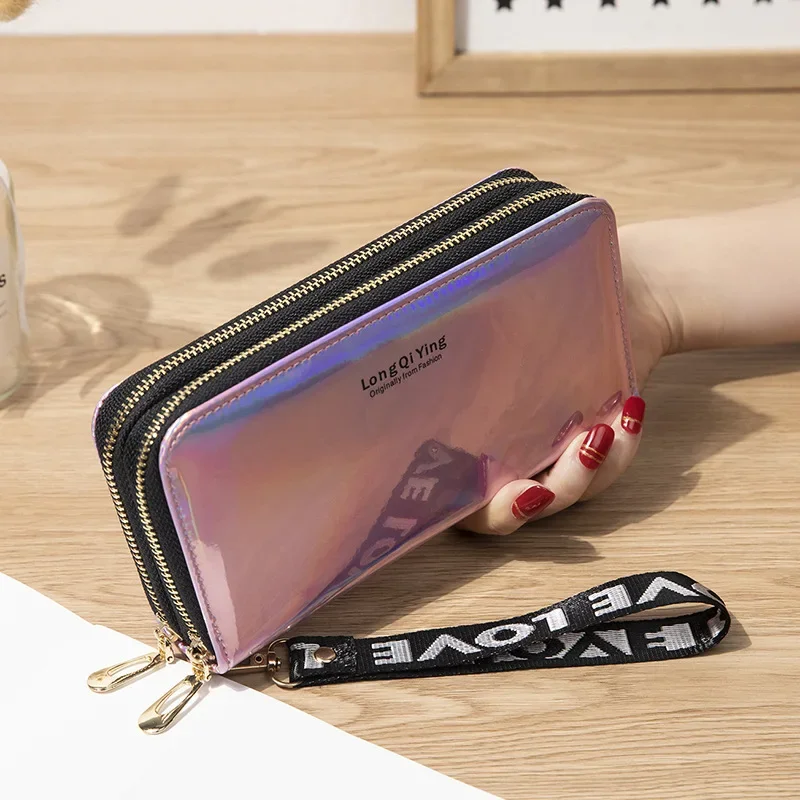 

Double Zipper Women's Long Wallet Female Laser Soft PU Leather Coin Clutch Bag Clutch Large Capacity Zipper Purses Phone Purse