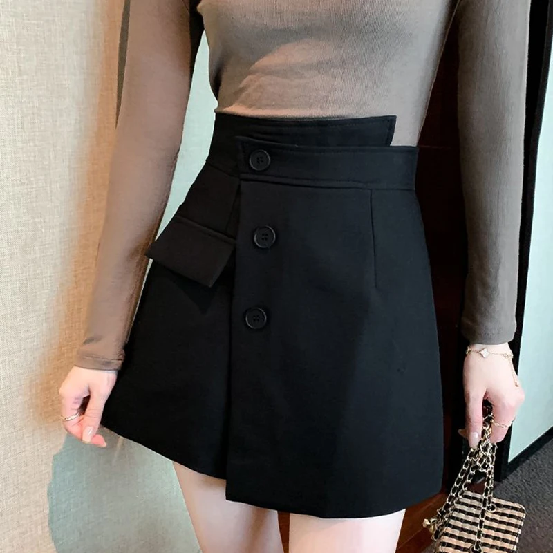 Black Elegant Skirts Women Irregular Button Chic Fashion Koreanskirt High Waist Pretty Style Casual Harajuku Y2K Dress