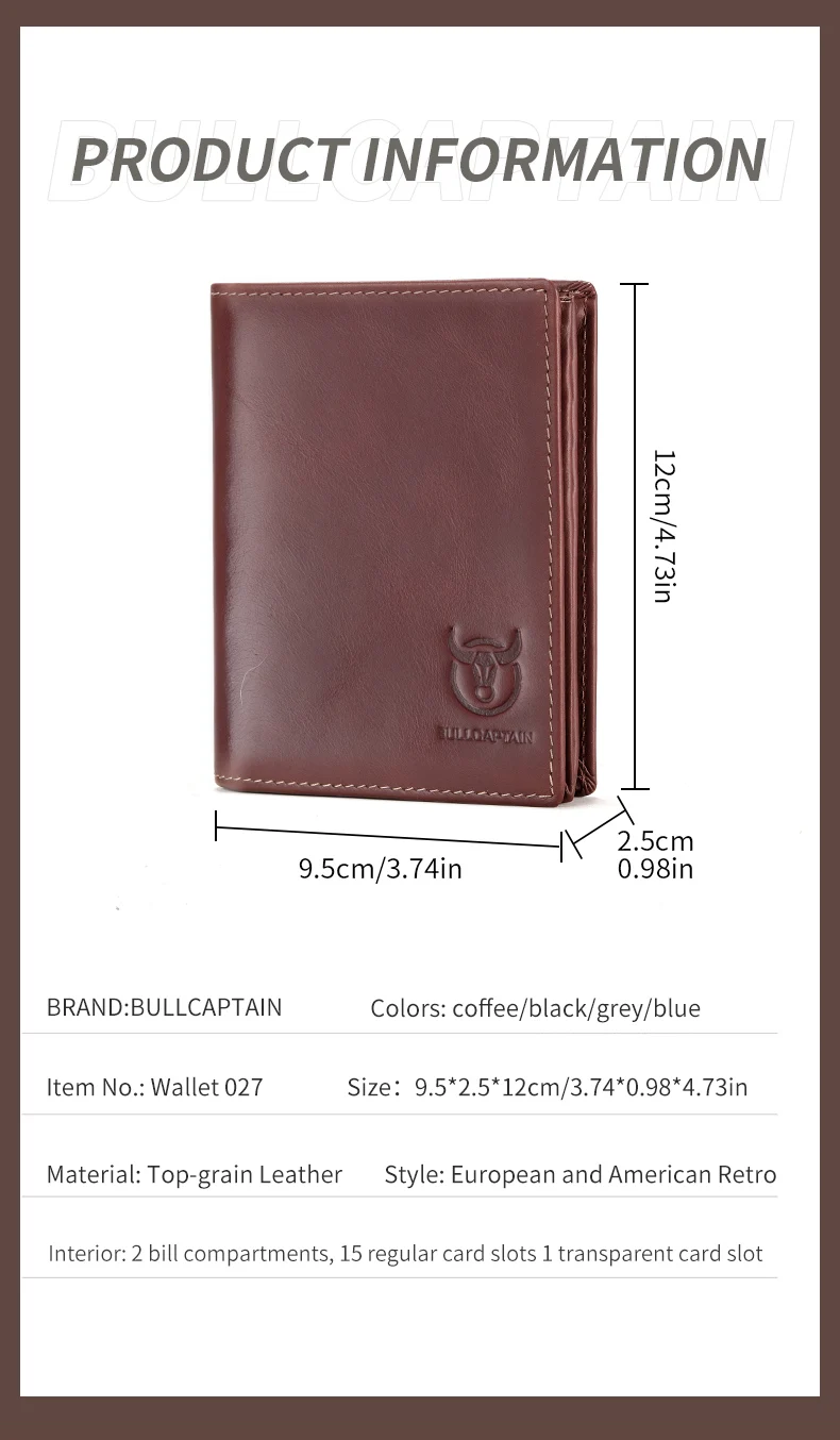 BULLCAPTAIN Bifold-Geldbörse aus echtem Leder mit großem Fassungsvermögen, Kreditkartenetui für Herren mit 15 Kartenfächern, RFID-Geldbörse – Detail 7