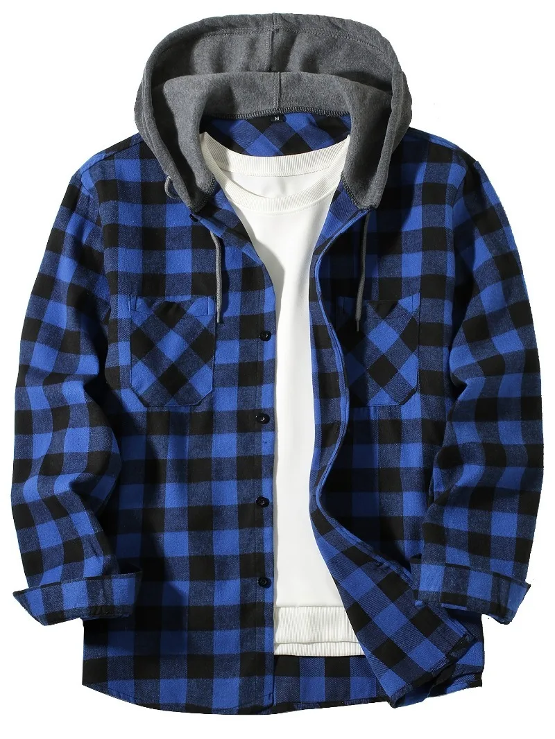 New Coat Spring and Autumn Men's Loose Plaid Hooded Shirt Large Size Fashion Casual Long Sleeved Shirt Street Style S-3XL