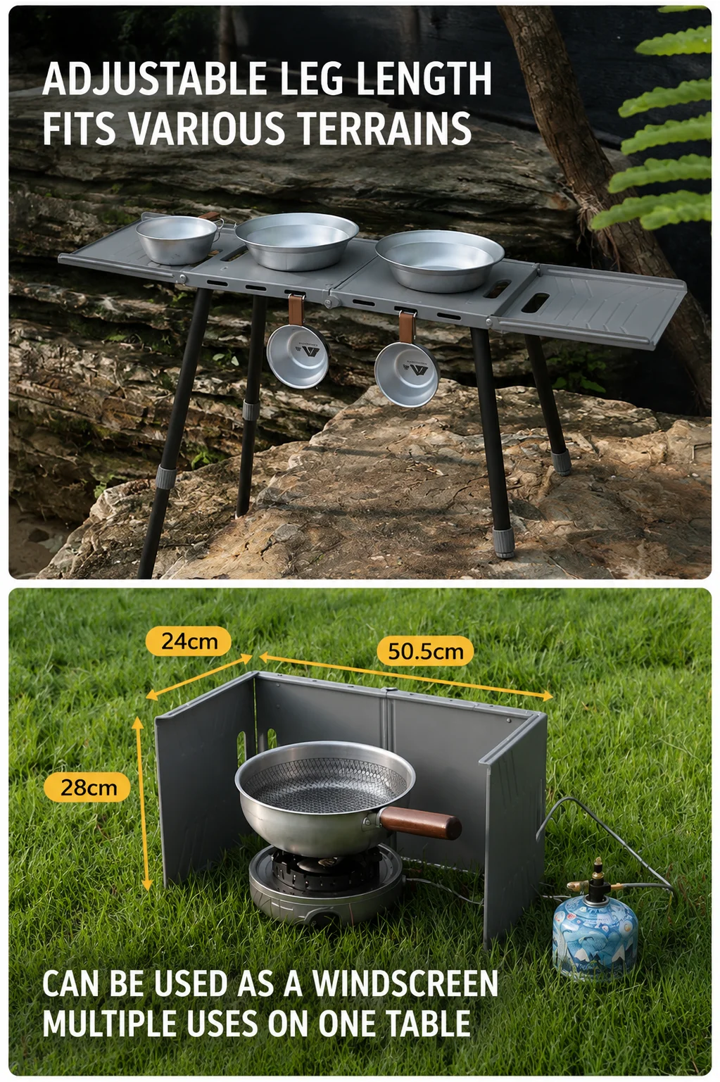 Klappbarer Campingtisch, leichter Outdoor-Tisch mit 4-stufig verstellbaren Beinen, multifunktionaler Kochtisch, Windschutz & Tasche – Detail 8