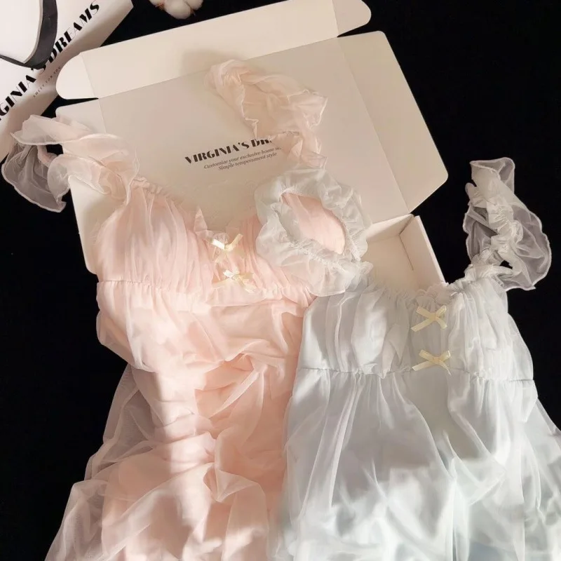 Light Colored Padded Nightgown Sweet Bow Pleated Mesh Women's Home Wear Soft Comfortable Suspender Skirt 2025 New Nightgown