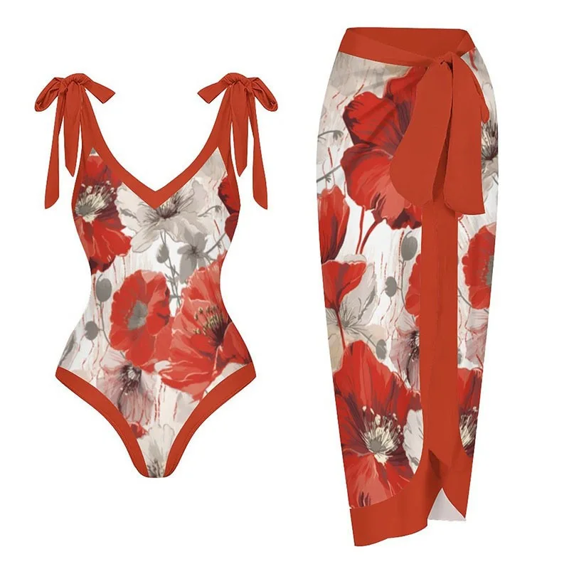 Maillot de bain deux pièces imprimé rétro pour femme, ensemble jupe droite en V profond, maillots de bain de fête en bord de mer, vêtements de bain d'été trempés