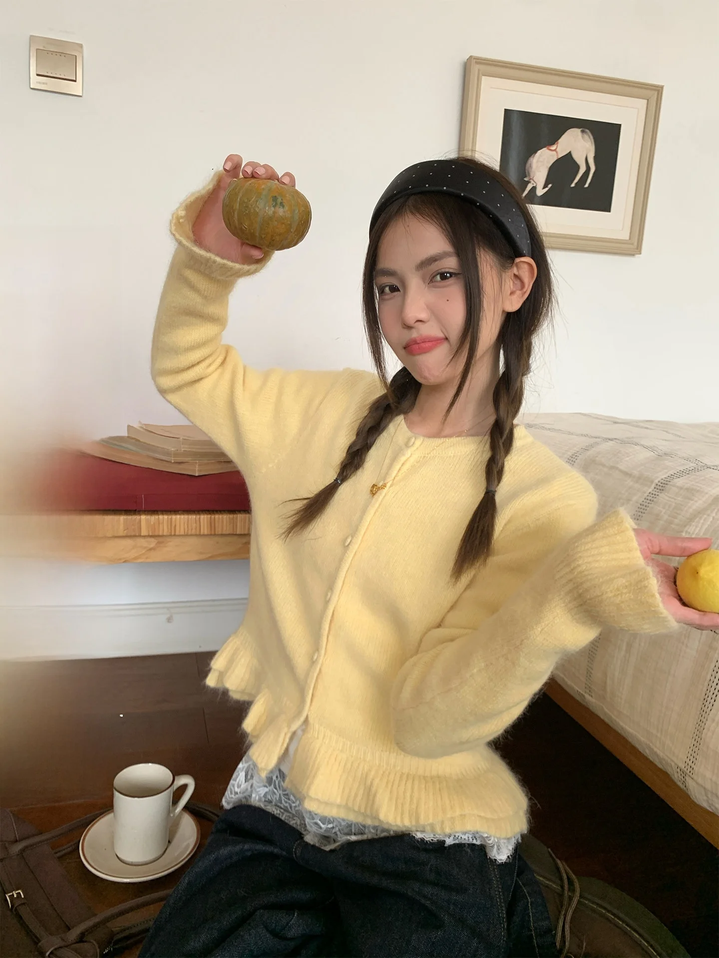 

Beautiful ort Knitted Open Cardigan Women's Faion Autumn Winter Goose Yellow Lace Hem Sweater Jaet Sweet Sle Loose Fit